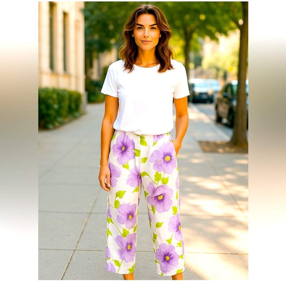 Soft Surroundings linen flowered pants with side slits - medium
